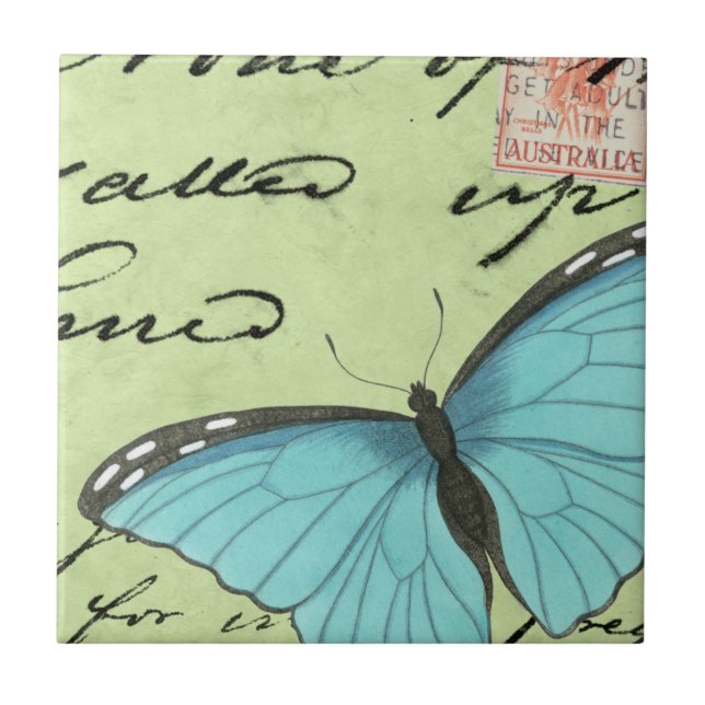 Carreau Papillon à ailes bleues sur carte postale Turquois (Devant)