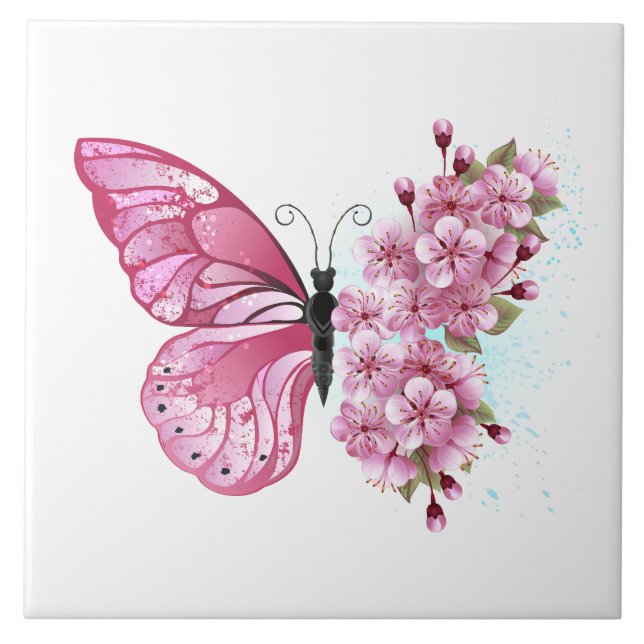 Carreau Papillon à fleurs avec Sakura rose (Devant)