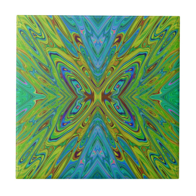 Carreau Papillon Abstrait Chartreuse et Bleu Trippy (Devant)