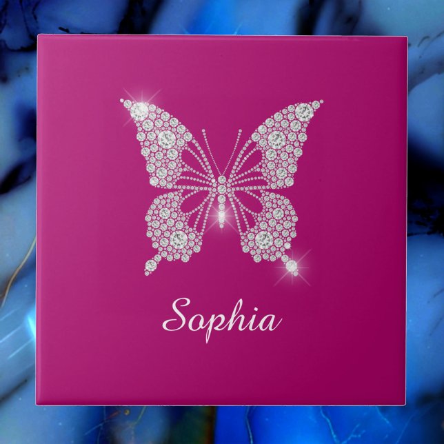Carreau Papillon Diamant Blanc, Nom du script, Fuchsia pro (Créateur téléchargé)