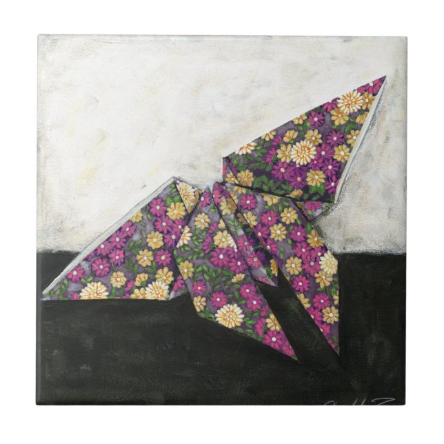 Carreau Papillon Origami sur papier floral (Devant)