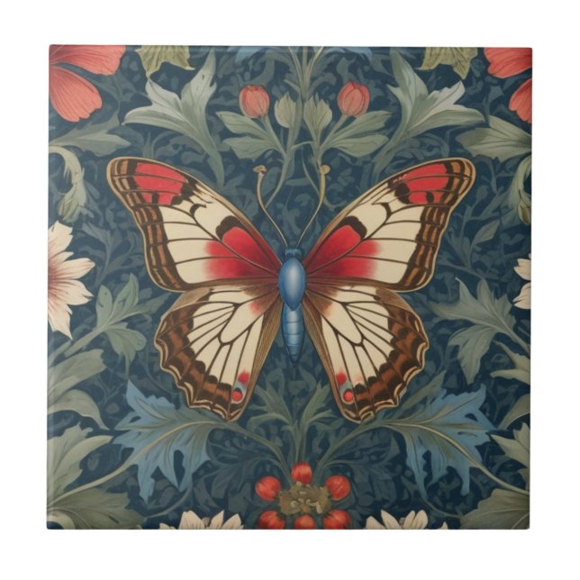 Carreau Papillon William Morris style bleu & rouge floral (Devant)