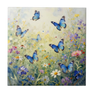 Carreau Papillons Bleus Aquarelle Prairie de Fleurs Sauvag