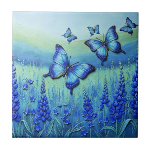 Carreau Papillons Bleus avec des Fleurs Bleues,