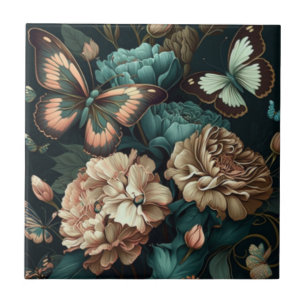 Carreau Papillons et fleurs design classique foncé