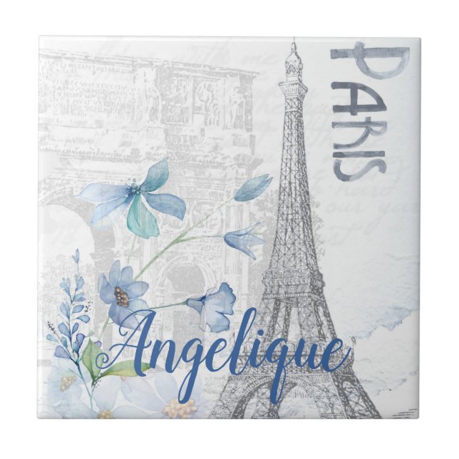 Carreau Paris Scène et Fleurs Bleues Personnalisées (Devant)