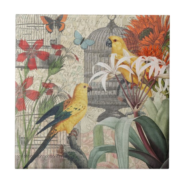 Carreau Parrot Jaune Tropical Antique Fleur (Devant)