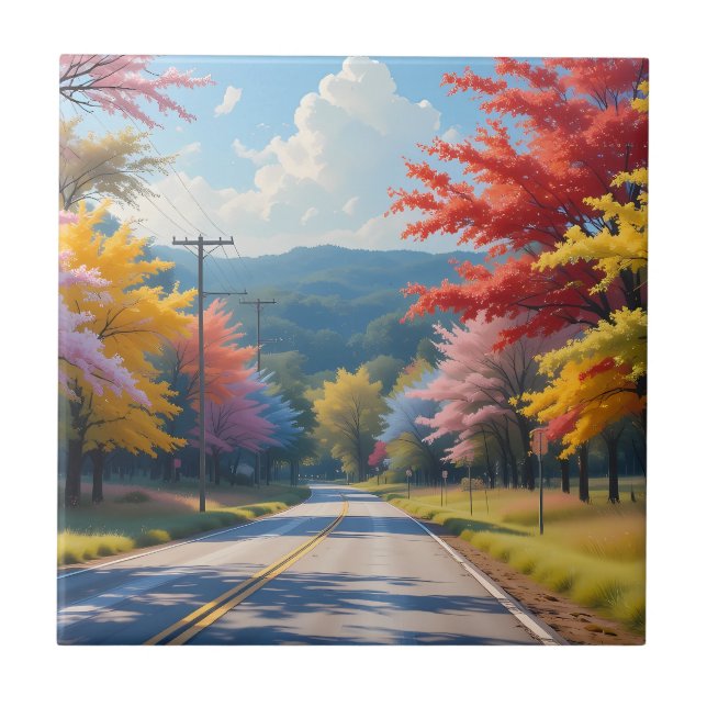 Carreau Pastel Autumn Country Road Watercolor (Devant)