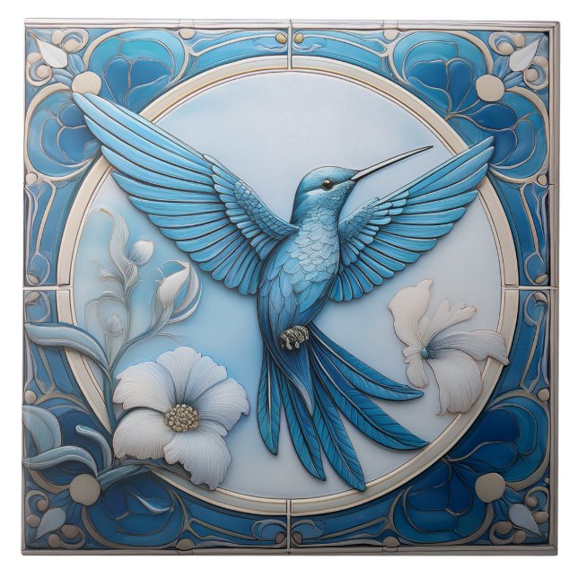 Carreau Pastel blue faux relief Art Nouveau Hummingbird R (Devant)