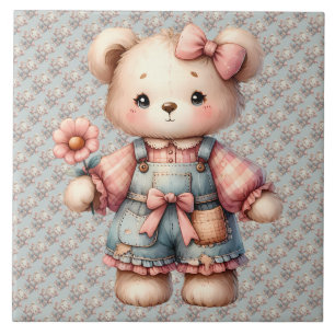 Carreau Pastel Teddy Bear Holding Flower Wear Overalls