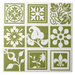 Carreau Patchwork floral, moderne, blanc, vert olive