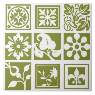 Carreau Patchwork floral, moderne, blanc, vert olive