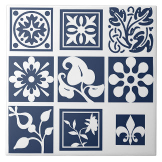Carreau Patchwork moderne, floral, blanc, bleu marine