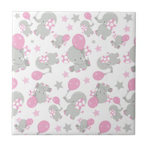 Carreau Pattern of Elephants, Cute Elephants - Pink Gray