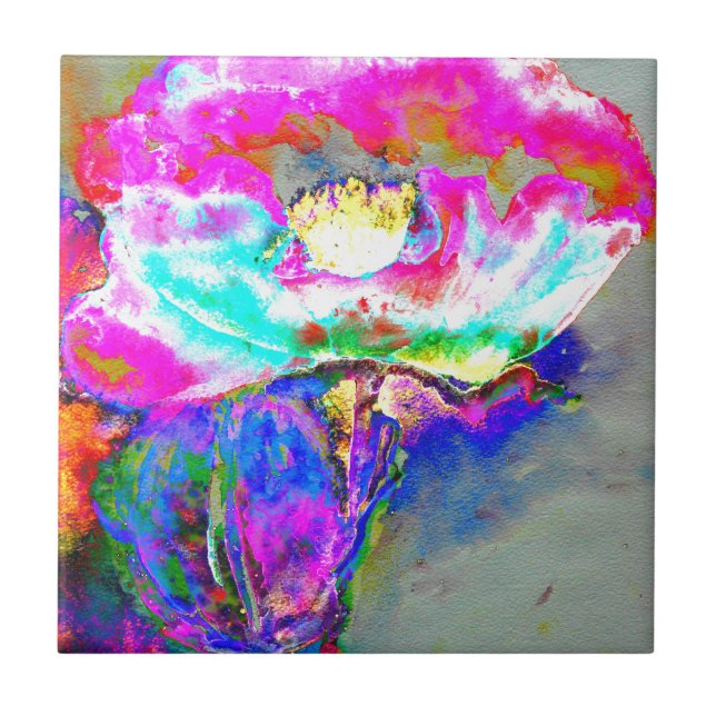 Carreau Pavot rose, aquarelle peinture florale (Devant)