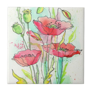 Carreau Pavots peints d'aquarelle