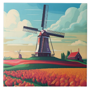 Carreau Pays-Bas Paysage Windmill Tulip Field Travel