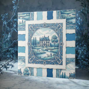 Carreau Pays Français Toile De Jouy Vintage Rustique Bleu