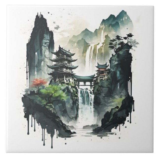 Carreau Paysage antique de l'encre chinoise avec cascade (Devant)