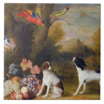 Paysage avec oiseaux exotiques et deux chiens