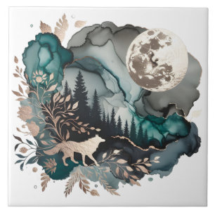 Carreau Paysage de loup et lune or Turquoise