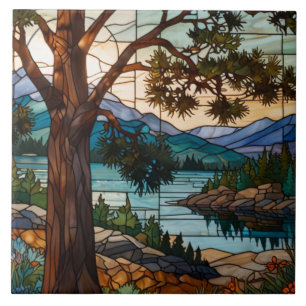 Carreau Paysage de montagne rustique en verre de couleur 