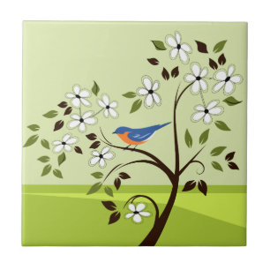 Carreau Paysage de ressort avec l'oiseau bleu