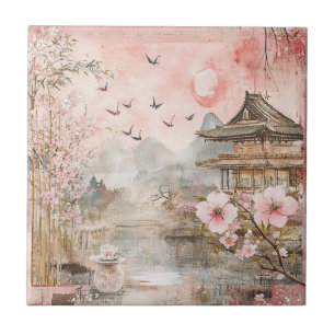Carreau Paysage de sérénité aux fleurs de cerisier rose (4