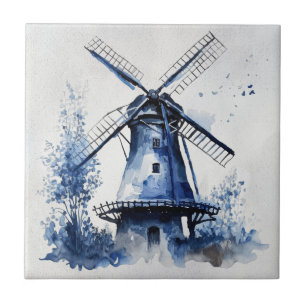 Carreau Paysage de style Delft bleu et blanc avec moulin à