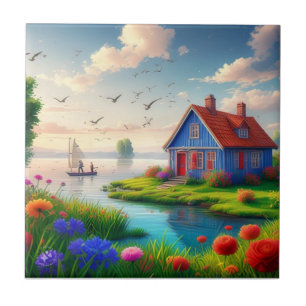Carreau Paysage naturel avec chalet et lac,-434567