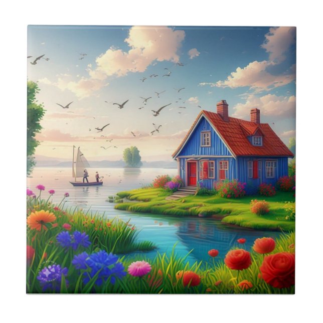 Carreau Paysage naturel avec chalet et lac,-434567 (Devant)