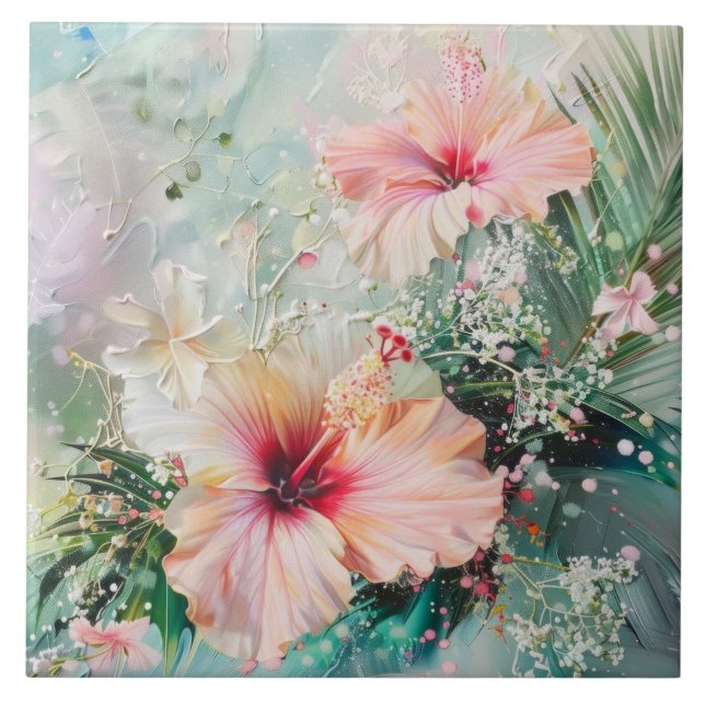 Carreau Peach rose Hibiscus tropical Anniversaire floral (Devant)