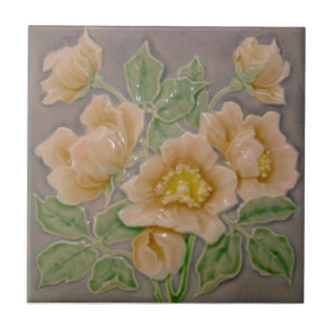Carreau Peachy Floral Majolica Faux Relief c1900 Repro