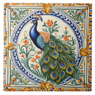 Carreau Peacock Méditerranéen Jaune & Bleu Folk Floral