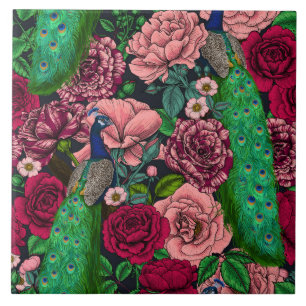 Carreau Peacocks dans le jardin rose 2