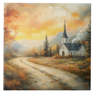 Carreau Peinture à l'aquarelle d'une église rustique d'aut