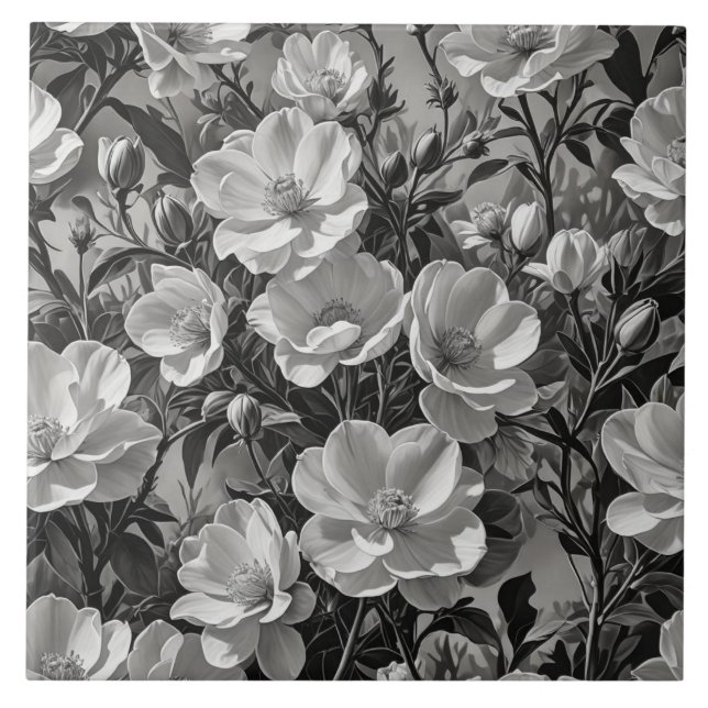 Carreau Peinture à l'huile de fleurs en niveaux de gris (Devant)