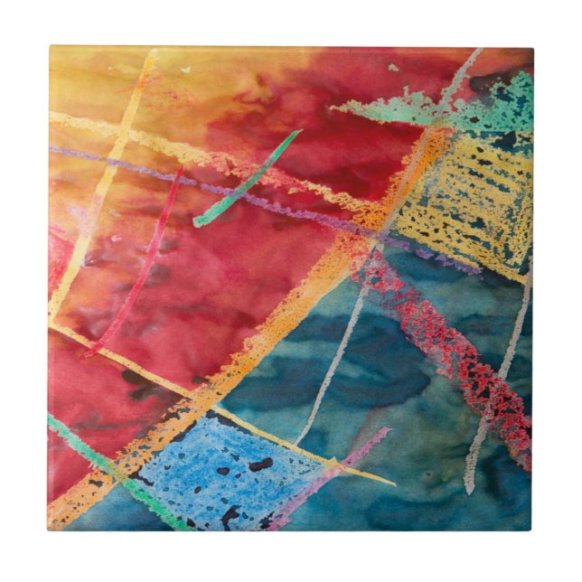 Carreau Peinture Abstraite d'aquarelle rouge bleu jaune (Devant)