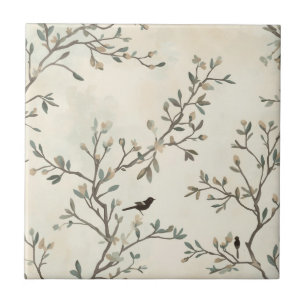 Carreau Peinture aquarelle beige de branche d'oiseau Natur