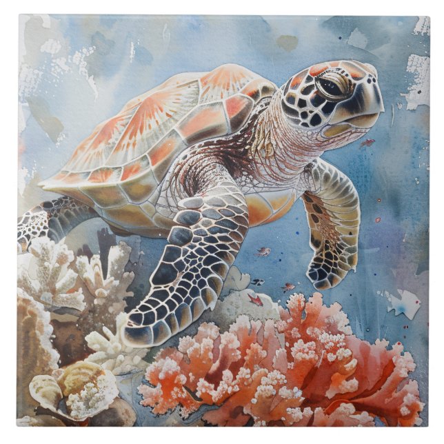 Carreau Peinture d'aquarelle de la tortue de mer mignonne (Devant)