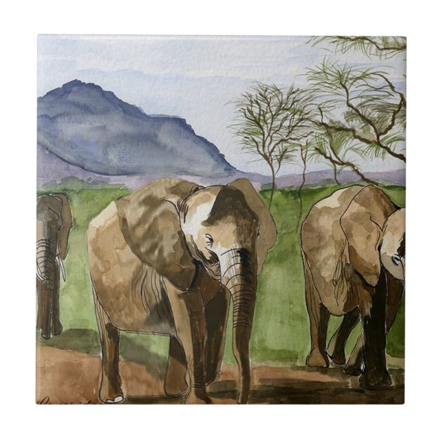 Carreau Peinture d'aquarelle des éléphants africains (Devant)