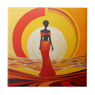 Carreau Peinture d'art féminin jaune chaud orange rouge d'