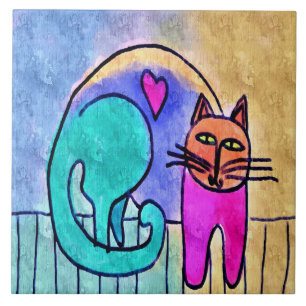 Carreau Peinture de chat abstraite Kitty Love