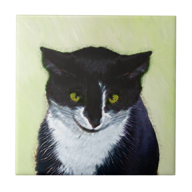 Carreau Peinture de chat Tuxedo - Cute Original Cat Art (Devant)