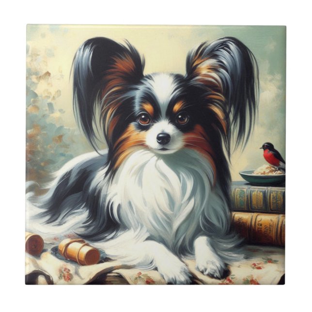 Carreau Peinture de chien Papillon vintage (Devant)