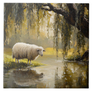 Carreau Peinture de moutons sous un saule pleureur