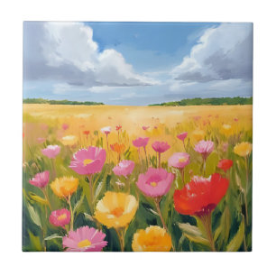 Carreau Peinture de paysage de champ de fleurs aquarelle