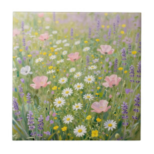 Carreau Peinture de prairie de fleurs sauvages pastel