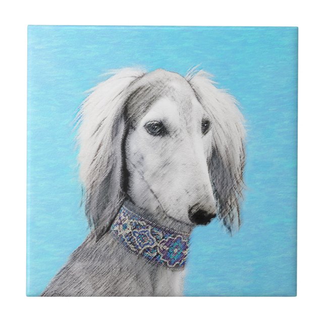 Carreau Peinture de Saluki (Argent) - Joli art original de (Devant)