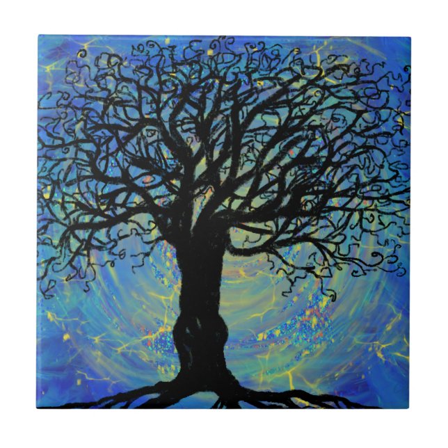 Carreau Peinture d'imaginaire bleu-bleu Arbre de vie (Devant)